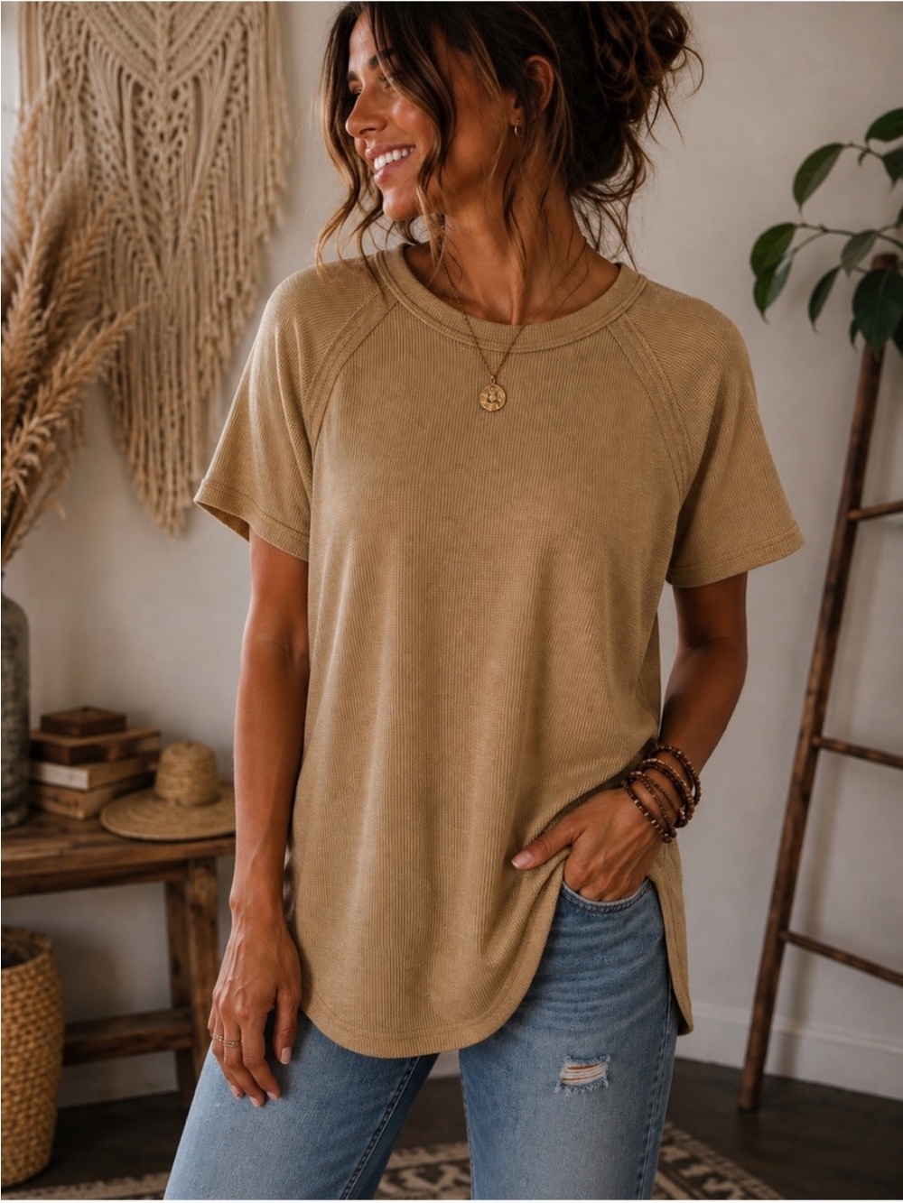 Zenana Waffle Knit Short Sleeve Shirt with Slits on the Sides. LT CAMEL